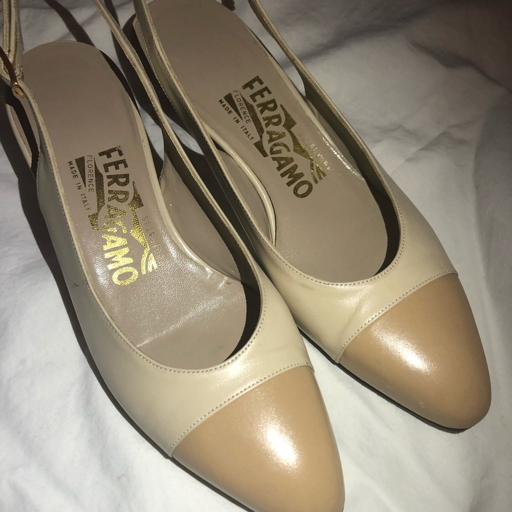 Salvatore Ferragamo Cream and Tan Slingback Heels